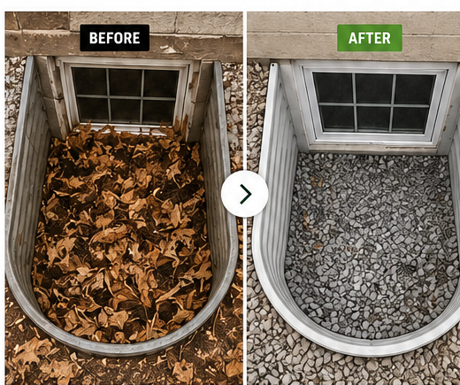 Before and after comparison of a dirty window well and a clean window well
