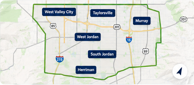Map showing the Clean Window Wells service area including West Jordan, South Jordan, Herriman, Murray, West Valley City, and Taylorsville, Utah.
